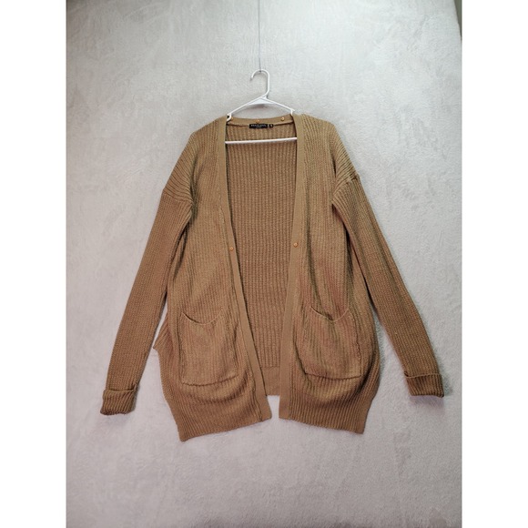 Brave Soul Cardigan Sweater Womens Medium Dark Tan Long Sleeve Slit Open Front‎ - Picture 1 of 10